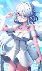 Rule 34 | 1girl, absurdres, bare shoulders, blue eyes, blue hair, blue sky, blush, breasts, cleavage, cloud, cowboy shot, dress, fake hair, floating hair, furina (genshin impact), genshin impact, hand up, heterochromia, highres, light blue hair, long hair, looking at viewer, nq (nnq q), off shoulder, open mouth, short dress, sky, small breasts, smile, solo, sundress, white dress