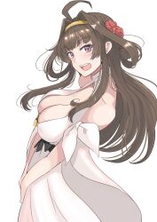 Rule 34 | 1girl, absurdres, ahoge, breasts, brown hair, cleavage, commentary request, double bun, dress, gold hairband, hair bun, hairband, highres, kantai collection, ken (shutenndouji1), kongou (kancolle), large breasts, long hair, official alternate costume, open mouth, purple eyes, simple background, solo, teeth, upper teeth only, v arms, white background, white dress