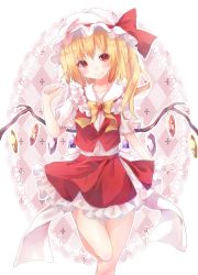 Rule 34 | 1girl, bad id, bad pixiv id, blonde hair, blush, brooch, closed mouth, collarbone, flandre scarlet, frilled skirt, frills, hat, hat ribbon, head tilt, highres, jewelry, leg up, looking at viewer, mob cap, red eyes, red ribbon, red skirt, ribbon, shiromoru (srmrjs), shiromoru (yozakura rety), shirt, short sleeves, side ponytail, skirt, skirt set, smile, solo, standing, standing on one leg, touhou, vest, white shirt