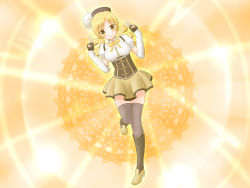 Rule 34 | 1girl, blonde hair, blush, boots, bow, breasts, color connection, double v, drill hair, elbow gloves, fingerless gloves, gloves, hat, leg lift, mahou shoujo madoka magica, mahou shoujo madoka magica (anime), medium breasts, parody, precure, puffy sleeves, shamoji no ossan, shamojiofvatican, skirt, smile, smile precure!, solo, striped, thighhighs, tomoe mami, twin drills, twintails, v, vertical stripes, yellow background, yellow eyes