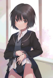 Rule 34 | &gt;:), 1girl, absurdres, amagami, bad id, bad pixiv id, black eyes, black hair, black jacket, black one-piece swimsuit, black skirt, blazer, breasts, closed mouth, clothes lift, collared shirt, commentary request, competition swimsuit, cowboy shot, day, dress shirt, grey sweater, groin, hair between eyes, highres, indoors, jacket, kayanogura, lifted by self, nanasaki ai, one-piece swimsuit, open clothes, open jacket, pleated skirt, shirt, short hair, skirt, skirt lift, small breasts, smile, solo, sweater, swimsuit, swimsuit under clothes, v-shaped eyebrows, white shirt, window
