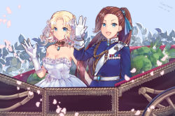 Rule 34 | 2girls, :d, artist name, bare shoulders, blonde hair, blue background, blue bow, blue eyes, bow, braid, breasts, bridal veil, brooch, car, cleavage, dated, day, dress, earrings, female focus, frilled dress, frills, gloves, hair bow, highres, himeyamato, jewelry, katarina claes, lettuce, long hair, long sleeves, maria campbell, medal, medium breasts, military, military uniform, motor vehicle, multiple girls, open mouth, otome game no hametsu flag shika nai akuyaku reijou ni tensei shite shimatta, outdoors, parted bangs, petals, ponytail, smile, spring onion, uniform, veil, very long hair, waving, wedding dress, white dress, white gloves, wife and wife, yuri