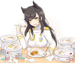 Rule 34 | 1girl, animal ears, atago (azur lane), azur lane, black hair, blush, buttons, cup, curry, curry rice, double-breasted, drinking glass, drinking straw, eating, empty, english text, food, hadoukirby, long hair, long sleeves, looking at viewer, medal, meme, military, military uniform, mole, mole under eye, open mouth, plate, rice, shrimp, shrimp tempura, simple background, smile, soda bottle, solo, spoon, tempura, uniform, white background, wolf ears, yellow eyes
