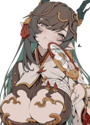 Rule 34 | 1girl, amakara surume, black hair, blush, breast cutout, breasts, cleavage, cleavage cutout, clothing cutout, colored inner hair, detached sleeves, dragon girl, dragon horns, draph, gradient hair, granblue fantasy, green eyes, green hair, hair ornament, horn ornament, horns, large breasts, leotard, long hair, looking at viewer, mole, mole under mouth, multicolored eyes, multicolored hair, payila (granblue fantasy), pointy ears, red eyes, smile, solo, stomach cutout, tassel, tassel hair ornament, tuanshan, two-tone eyes, two-tone hair, very long hair, white background