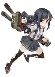 Rule 34 | 10s, 1girl, arm warmers, asashio (kancolle), black hair, black thighhighs, blue eyes, blush, damaged, dress shirt, frown, full body, grey skirt, kantai collection, konishi (koconatu), leg up, long hair, machinery, official art, open mouth, shirt, skirt, solo, suspenders, tears, thighhighs, torn clothes, torn shirt, torn skirt, torn thighhighs, transparent background, turret