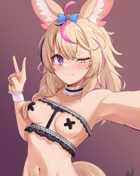Rule 34 | 1girl, ahoge, alternate costume, animal ear fluff, animal ears, areola slip, black hair, blonde hair, blue bow, blue nails, blush, bow, braid, breasts, choker, closed mouth, commentary, cross pasties, english commentary, facial mark, fox ears, fox girl, fox tail, frilled choker, frills, gradient background, hair between eyes, hair bow, hair over shoulder, hand up, heart, heart-shaped pupils, highres, hololive, long hair, looking at viewer, multicolored hair, multicolored nails, nail polish, navel, omaru polka, one eye closed, outstretched arm, pasties, pink background, pink hair, purple eyes, reaching, reaching towards viewer, red nails, selfie, side braid, simple background, single braid, small breasts, smile, solo, streaked hair, symbol-shaped pupils, tail, telomere, upper body, v, variant set, virtual youtuber, white choker