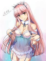 Rule 34 | 1girl, aono shimo, bad id, bad twitter id, bare shoulders, blue bow, blunt bangs, blush, bow, bow bra, bra, breasts, brown eyes, choker, cleavage, closed mouth, collarbone, eyebrows, fate/grand order, fate (series), garter straps, hair ornament, head tilt, lace, lace-trimmed panties, lace bra, lace trim, lingerie, long hair, looking at viewer, medb (fate), navel, panties, pink bra, pink hair, pink legwear, pink panties, ribbon choker, sidelocks, smile, solo, translucent, underwear, undressing, wrist cuffs