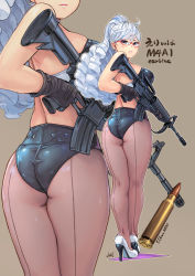 Rule 34 | 1girl, ahoge, ass, assault rifle, back, back-seamed legwear, backless outfit, bare back, bare shoulders, black gloves, black leotard, blue eyes, blush, breasts, brown background, carina (xiaowoo), cartridge, character name, closed mouth, drill hair, earrings, expressionless, from behind, full body, gloves, grey background, gun, head out of frame, high heels, highres, jewelry, kaikan change, kneepits, large breasts, legs together, leotard, lips, long hair, looking at viewer, looking back, m4 carbine, name connection, object namesake, original, outline, pantyhose, ponytail, purple pantyhose, revision, rifle, seamed legwear, shiny skin, signature, silver hair, simple background, skindentation, solo, standing, swept bangs, thighs, trigger discipline, tsurime, weapon, white footwear, yamada eri, zoom layer