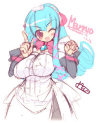 Rule 34 | 1girl, apron, blue hair, blush, blush stickers, bow, breasts, cuff links, huge breasts, large breasts, long hair, maid, maid apron, maid headdress, mel/a, melmaid, one eye closed, open mouth, original, pink bow, red hair, sidelocks, smile, solo, wink