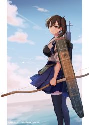 Rule 34 | 1girl, absurdres, apron, blue hakama, bow, bow (weapon), brown eyes, brown hair, commentary request, feet out of frame, flight deck, hakama, hakama short skirt, hakama skirt, highres, holding, holding bow (weapon), holding weapon, japanese clothes, kaga (kancolle), kantai collection, long hair, looking at viewer, muneate, natsume (natsume melio), side ponytail, skirt, solo, standing, tasuki, thighhighs, weapon, yumi (bow)