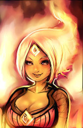 Rule 34 | 1girl, adventure time, blonde hair, breasts, cartoon network, cleavage, colored skin, eyelashes, fire, flame princess, forehead jewel, lips, long hair, maniacpaint, nose, orange skin, red eyes, smile, solo