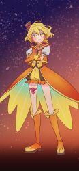 Rule 34 | 1girl, blonde hair, blush, boots, commentary, cosplay, crossover, cure pine, cure wing, cure wing (cosplay), earrings, elbow gloves, eyelashes, fpminnie1, fresh precure!, gloves, gradient background, hair ornament, happy, hat, highres, hirogaru sky! precure, in-franchise crossover, jewelry, knee boots, looking at viewer, magical girl, mini hat, orange footwear, orange gloves, precure, puffy short sleeves, puffy sleeves, short hair, short sleeves, sketch, smile, solo, standing, symbol-only commentary, yamabuki inori, yellow eyes