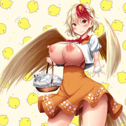 Rule 34 | 1girl, animal, animal on head, basket, bird, bird on head, bird tail, bird wings, blonde hair, blush, breasts, breasts out, chick, covered navel, cowboy shot, egg, hair between eyes, highres, kawahagitei, lactation, large breasts, looking at viewer, multicolored hair, nipples, niwatari kutaka, no bra, no panties, on head, orange skirt, patterned background, puffy short sleeves, puffy sleeves, pussy juice, pussy juice drip, pussy juice trail, red eyes, red hair, red neckwear, shiny skin, shirt, short hair, short sleeves, sign, skirt, smile, solo, standing, streaked hair, suspender skirt, suspenders, tail, touhou, translation request, white shirt, wings, yellow background
