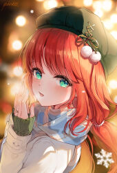 1girl blue_eyes blue_nails blush from_side genshin_impact hat highres jewelry layered_sleeves long_hair looking_at_viewer multicolored_nails nilou_(genshin_impact) open_mouth pioko plaid_clothes plaid_scarf red_hair red_nails ring scarf signature snowflakes solo