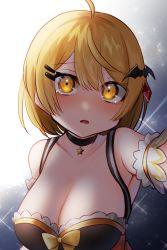 Rule 34 | 1girl, absurdres, ahoge, bare shoulders, bat hair ornament, blonde hair, bow, breasts, choker, cleavage, collarbone, commentary, commentary request, hair ornament, hairclip, highres, hololive, large breasts, looking at viewer, onigumo zx, open mouth, revealing clothes, short hair, solo, sparkle background, star (symbol), strap, tearing up, vampire, virtual youtuber, yellow eyes, yozora mel, yozora mel (2nd costume)