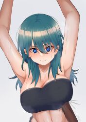 Rule 34 | 1girl, armpits, arms up, blue eyes, blue hair, breasts, byleth (female) (fire emblem), byleth (fire emblem), cleavage, commentary request, fire emblem, fire emblem: three houses, grey background, highres, large breasts, long hair, midriff, navel, nintendo, shutchi, simple background, solo, stomach, strapless, tube top, upper body