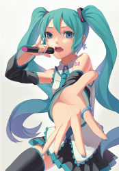 Rule 34 | 1girl, aqua eyes, aqua hair, bad id, bad pixiv id, detached sleeves, earrings, fkey, foreshortening, hatsune miku, highres, jewelry, long hair, looking at viewer, microphone, music, nail polish, necktie, open mouth, pinky out, ring, simple background, singing, skirt, solo, thighhighs, twintails, very long hair, vocaloid, zettai ryouiki