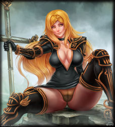 Rule 34 | 1girl, blonde hair, breasts, cameltoe, choker, cleavage, drag-on dragoon, drag-on dragoon 3, female focus, five (drag-on dragoon), highres, large breasts, long hair, looking at viewer, sitting, smile, solo, spread legs, sword, thighhighs, vempire, weapon, yellow eyes