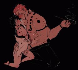 Rule 34 | 2boys, abs, arm tattoo, black hair, black nails, blush, chest tattoo, corruption, couple, extra arms, extra eyes, extra mouth, eye contact, feet, fingering, fushiguro megumi, heavy breathing, highres, holding, holding smoking pipe, japanese clothes, jujutsu kaisen, kimono, leg tattoo, looking at another, mastectomy scar, multiple boys, muscular, muscular male, nail polish, naked kimono, nipples, pectorals, pink hair, ryoumen sukuna (jujutsu kaisen), scar on chest, shoulder tattoo, size difference, smoking pipe, sserupiko, tattoo, topless male, white kimono, yaoi