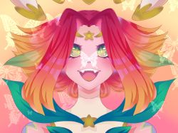 Rule 34 | bug, butterfly, colored skin, colorful, crown, dollachan, green eyes, highres, insect, league of legends, multicolored hair, neeko (league of legends), orange hair, pink skin, red hair, star eyes, star guardian (league of legends), teeth