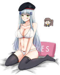 Rule 34 | 1girl, absurdres, beret, black thighhighs, blue hair, blush, bow, bow bra, bow panties, bra, breasts, cleavage, closed mouth, collarbone, girls&#039; frontline, gongbangmanchi (daisy cutter), green eyes, hat, highres, hk416 (girls&#039; frontline), large breasts, long hair, looking at viewer, navel, no shoes, on bed, panties, pillow, red bow, sitting, solo, spread legs, thighhighs, ump45 (girls&#039; frontline), underwear, white background, white bra, white panties, yes, yes-no pillow