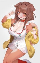Rule 34 | 1girl, :3, absurdres, animal collar, animal ears, animal nose, bone hair ornament, braid, breasts, brown eyes, brown fur, brown hair, brown tail, cartoon bone, cleavage, collar, dog ears, dog girl, dog tail, dress, fang, furry, furry female, hair ornament, highres, hololive, inugami korone, inugami korone (1st costume), jacket, kyuuri24, large breasts, looking at viewer, low twin braids, off shoulder, open mouth, pom pom (clothes), red collar, red socks, simple background, smile, socks, solo, tail, twin braids, virtual youtuber, white background, white dress, white fur, yellow jacket