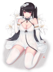 Rule 34 | 1girl, absurdres, azur lane, bad id, bad pixiv id, bare shoulders, black hair, breasts, cleavage, dress, elbow gloves, flower, full body, gloves, hair flower, hair ornament, highres, lace, lace-trimmed dress, lace trim, large breasts, lingerie, long hair, looking at viewer, negligee, official alternate costume, panties, peter strasser (a moment frozen in pure white) (azur lane), peter strasser (azur lane), purple eyes, rose, see-through, see-through dress, side-tie panties, simple background, solo, thighhighs, twintails, underwear, vinwri, white background, white flower, white gloves, white negligee, white panties, white rose, white thighhighs