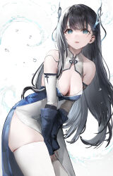Rule 34 | 1girl, bare shoulders, black hair, blue dress, blue eyes, blue horns, blue sleeves, breasts, cleavage, cleavage cutout, clothing cutout, detached sleeves, dress, haori io, highres, horns, large breasts, leaning forward, long hair, looking ahead, multicolored clothes, multicolored dress, open mouth, original, sharp teeth, side slit, simple background, skindentation, smile, solo, teeth, thick thighs, thighhighs, thighs, two-tone dress, upper teeth only, water, white background, white dress, white thighhighs