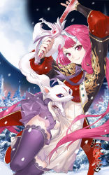 Rule 34 | 1girl, bad link, cover, cover page, doupo cangqiong, fox, hair rings, highres, long hair, nalan yaran (doupo cangqiong), official art, pine tree, pink hair, ponytail, red footwear, ren xiang, ribbon, scan, smile, snow, solo, sword, thighhighs, third-party source, tree, weapon