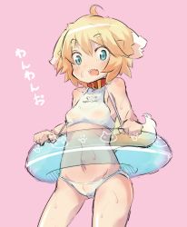 Rule 34 | :d, animal collar, animal ears, aqua eyes, bikini, blonde hair, breasts, collar, cowboy shot, dog ears, dog girl, fangs, highres, innertube, looking at viewer, open mouth, original, pink background, see-through, short hair, simple background, small breasts, smile, solo, swim ring, swimsuit, tail, tomcat (moconeko), wet
