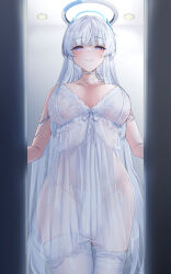 Rule 34 | 1girl, blue archive, blush, breasts, breasts apart, choker, collarbone, grey hair, halo, highres, indoors, large breasts, lingerie, looking at viewer, negligee, noa (blue archive), panties, purple eyes, see-through, side-tie panties, smile, solo, thighhighs, underwear, underwear only, white choker, white panties, white thighhighs, yoru0409