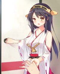Rule 34 | 10s, 1girl, bad id, bad pixiv id, bare shoulders, black hair, blue vert, blush, detached sleeves, fusuma, hair ornament, hairband, haruna (kancolle), holding hands, indoors, kantai collection, long hair, looking at viewer, nontraditional miko, open mouth, out of frame, parted bangs, pov, ribbon trim, sidelocks, sliding doors, solo focus, sweat, wide sleeves, yellow eyes