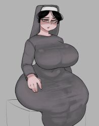 Rule 34 | 1girl, black hair, blush, breasts, docedemilky, empty eyes, grey background, highres, large breasts, looking at viewer, mole, mole under eye, nun, parted bangs