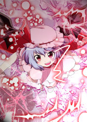 Rule 34 | &gt;:), 1girl, :d, blush, danmaku, fang, female focus, from above, hat, light purple hair, massala, open mouth, red eyes, remilia scarlet, short hair, slit pupils, smile, solo, touhou, v-shaped eyebrows, wrist cuffs