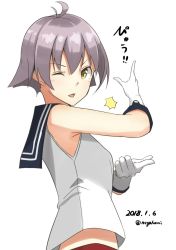 Rule 34 | 1girl, ;o, dated, from side, gloves, highres, kantai collection, looking at viewer, midriff, negahami, one eye closed, open mouth, purple hair, red skirt, sakawa (kancolle), school uniform, serafuku, shirt, short hair, simple background, skirt, sleeveless, sleeveless shirt, snapping fingers, solo, twitter username, upper body, white background, white gloves, yellow eyes
