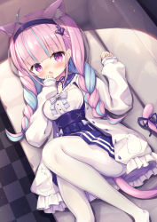 Rule 34 | 1girl, absurdres, ahoge, anchor hair ornament, animal ear fluff, animal ears, bad id, bad pixiv id, blue hair, blue ribbon, blue sailor collar, blue skirt, blush, braid, breasts, cat ears, cat girl, cat tail, checkered floor, commentary request, fang, feet out of frame, frilled jacket, frilled sailor collar, frills, green nails, hair ornament, hairband, high-waist skirt, highres, hololive, jacket, large breasts, long hair, long sleeves, looking at viewer, lying, minato aqua, minato aqua (sailor), multicolored hair, nail polish, no shoes, on side, open clothes, open jacket, pantyhose, parted lips, pink hair, pleated skirt, purple eyes, purple hairband, ribbon, sailor collar, shirt, skirt, sleeves past wrists, solo, streaked hair, suspender skirt, suspenders, tail, tail ornament, tail raised, tail ribbon, twin braids, twintails, virtual youtuber, waste (arkaura), white jacket, white pantyhose, white shirt