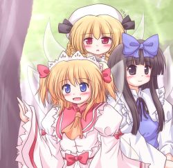 Rule 34 | 3girls, :d, :o, black hair, blonde hair, blue eyes, bow, dress, drill hair, frilled sleeves, frills, hair bow, hat, long hair, luna child, lzh, multiple girls, open mouth, red eyes, short hair, smile, star sapphire, sunny milk, touhou, twintails, wide sleeves, wings