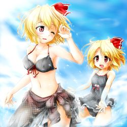 Rule 34 | 2girls, bikini, blonde hair, blush, breasts, cleavage, dual persona, embodiment of scarlet devil, fang, female focus, front-tie top, highres, medium breasts, multiple girls, navel, aged up, one eye closed, red eyes, red star (toranecomet), rumia, sarong, splashing, swimsuit, touhou, wading, water, wink