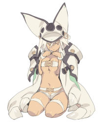 Rule 34 | 1girl, belt, belt bra, blade (galaxist), breasts, breasts squeezed together, brown eyes, colored eyelashes, dark-skinned female, dark skin, guilty gear, guilty gear xrd, hat, long hair, navel, ramlethal valentine, seiza, short shorts, shorts, simple background, sitting, solo, thigh strap, underboob, white background, white hair