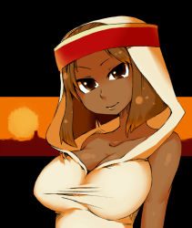 Rule 34 | 1girl, bare shoulders, breasts, brown eyes, brown hair, cleavage, dark skin, dark-skinned female, female focus, final fantasy, final fantasy tactics, headband, hood, large breasts, narutaki (kurokabe), outdoors, rapha galthena, short hair, sky, solo