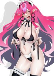 Rule 34 | absurdres, black bra, black panties, black thighhighs, blush, bow, bow choker, bra, breasts, choker, cleavage, earrings, baobhan sith (fate), fate/grand order, fate (series), frilled choker, frilled panties, frills, highres, hoop earrings, jewelry, large breasts, lingerie, long hair, maid headdress, midriff, navel, open mouth, panties, panty pull, pink eyes, pink hair, pointy ears, sagging breasts, sanazura hiroyuki, simple background, smile, stomach, teeth, thick thighs, thighhighs, thighs, underwear, upper teeth only, white background, wide hips