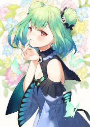 Rule 34 | 1girl, absurdres, blue eyes, blush, breasts, bug, butterfly, cleavage, detached sleeves, double bun, dress, earrings, floral background, from side, green hair, green nails, hair bun, hair ornament, highres, hololive, insect, jewelry, joker (tomakin524), nail polish, red eyes, short hair, skull earrings, skull hair ornament, small breasts, smile, solo, uruha rushia, uruha rushia (1st costume), virtual youtuber