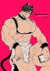 Rule 34 | 1boy, abs, android, animal ears, apron, bandaid, bandaid on cheek, bandaid on face, bara, barcode, brown hair, cat boy, cat ears, cat tail, cleavage cutout, clipboard, clothes lift, clothing cutout, collar, cowboy shot, crossdressing, cx-330 (tenji), english text, erection, frilled collar, frilled skirt, frills, glasses, highres, holding, holding clipboard, large pectorals, large penis, looking at viewer, maid, maid apron, male focus, male maid, muscular, muscular male, nipples, original, pectorals, penis, pink background, short hair, simple background, skirt, skirt lift, solo, tail, tenji (tenji 89), testicles, thick eyebrows, uncensored, wrist cuffs