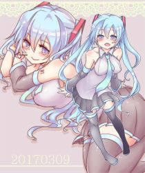 Rule 34 | 2017, black footwear, black legwear, blue eyes, blue hair, blush, boots, dated, detached sleeves, hatsune miku, headset, kusoyuridanchi, long hair, lying, necktie, on side, open mouth, pigeon-toed, skirt, smile, thigh boots, thighhighs, twintails, very long hair, vocaloid, zettai ryouiki