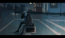 Rule 34 | 1girl, aer7o, bag, black choker, black footwear, black jacket, black pantyhose, blue eyes, blue necktie, building, cellphone, choker, closed mouth, collared shirt, full moon, grey hair, hair between eyes, highres, holding, holding phone, jacket, letterboxed, long sleeves, looking at viewer, moon, necktie, night, night sky, open clothes, open jacket, original, outdoors, pantyhose, parking lot, phone, plastic bag, scenery, shirt, shoes, shopping bag, short hair, sitting, sky, skyline, solo, white shirt, window