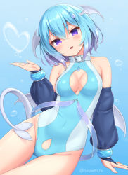 Rule 34 | 1girl, :d, belt collar, blue background, blue hair, blue one-piece swimsuit, blush, bridal gauntlets, cleavage cutout, clothing cutout, collar, detached collar, gradient hair, hair between eyes, hair ornament, hand up, head tilt, head wings, highleg, highleg swimsuit, long sleeves, looking at viewer, low wings, medium hair, multicolored hair, one-piece swimsuit, open mouth, original, purple eyes, sakyua (sasaame), sasaame, sitting, smile, solo, stomach cutout, swimsuit, tail, twitter username, wings