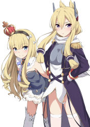 Rule 34 | 2girls, absurdres, anchor symbol, azur lane, bare shoulders, black hairband, blonde hair, blue bow, blue dress, blue eyes, blush, bow, breasts, closed mouth, commentary request, crown, dress, epaulettes, gloves, hair between eyes, hair bow, hair ears, hair ornament, hairband, hands on own hips, headgear, highres, jacket, kohakope, leaning forward, long hair, long sleeves, mini crown, multiple girls, purple eyes, purple jacket, queen elizabeth (azur lane), remodel (azur lane), ringlets, sidelocks, simple background, small breasts, smile, strapless, strapless dress, striped clothes, striped hairband, thighhighs, tilted headwear, v-shaped eyebrows, very long hair, warspite (azur lane), white background, white bow, white gloves, white legwear