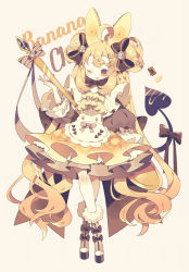 Rule 34 | 1girl, ;p, ahoge, apron, banana hair ornament, blonde hair, blush, boots, bow, braid, brown background, brown bow, brown eyes, brown footwear, brown shirt, brown skirt, closed mouth, crossed legs, demon tail, double bun, food-themed clothes, food-themed hair ornament, full body, fur-trimmed boots, fur trim, hair bow, hair bun, hair ornament, heart, highres, long hair, one eye closed, original, oversized object, puffy short sleeves, puffy sleeves, shirt, short eyebrows, short sleeves, simple background, skirt, smile, solo, spoon, standing, striped, striped bow, tail, tail raised, thick eyebrows, tongue, tongue out, very long hair, watson cross, white apron, yumenouchi chiharu