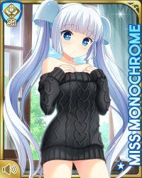 Rule 34 | 1girl, :o, bar (place), barefoot, black sweater, blue eyes, blunt bangs, bottomless, card, character name, closed mouth, day, girlfriend (kari), indoors, miss monochrome, miss monochrome (character), official art, qp:flapper, solo, standing, sweater, tagme, twintails, white hair