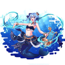 Rule 34 | 1girl, alternate costume, animal ears, blue eyes, blue hair, breasts, cleavage, crown, earrings, fins, groin, harp, head fins, highres, hololive, hoshimachi suisei, instrument, jewelry, mermaid, mikannsisyou, monster girl, monsterification, musical note, nail polish, navel, open mouth, side ponytail, solo, teeth, tongue, treble clef, virtual youtuber